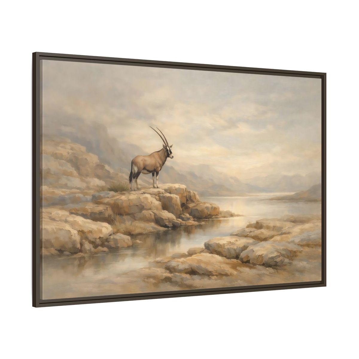 Main Mockup. Nature Oryx Brown And Grey Landscape shown as stretched canvas wall art