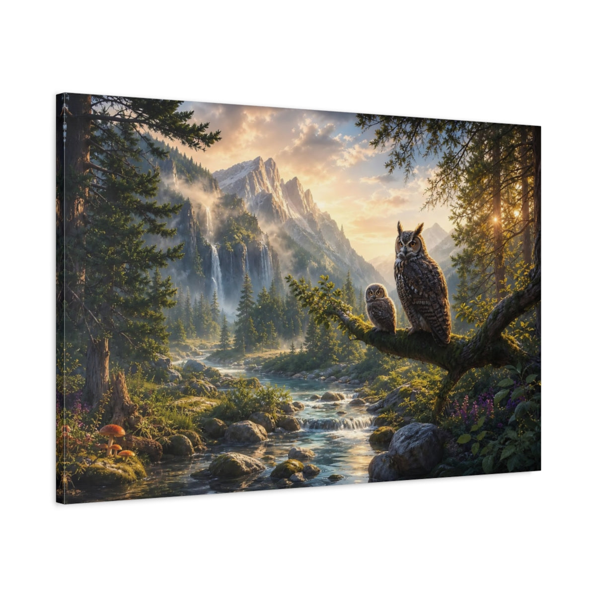 Main Mockup. Nature Owls Green Brown Gold shown as stretched canvas wall art