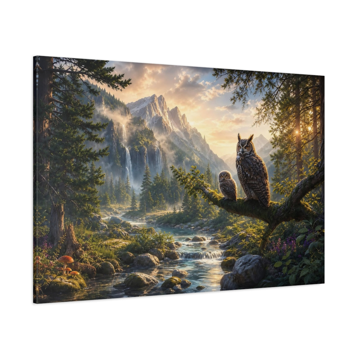 Side Mockup 1. Nature Owls Green Brown Gold shown as stretched canvas wall art
