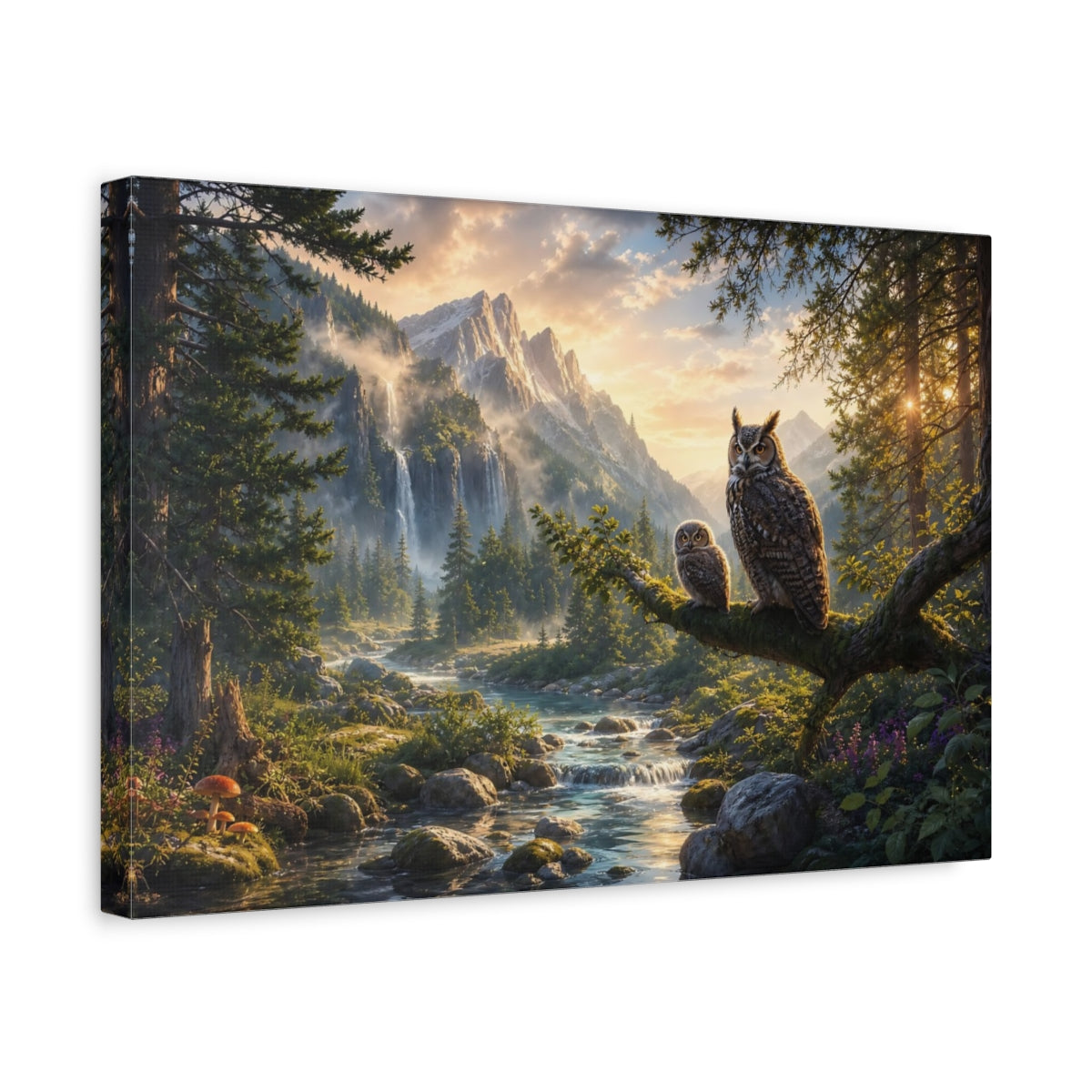 Side Mockup 4. Nature Owls Green Brown Gold shown as stretched canvas wall art