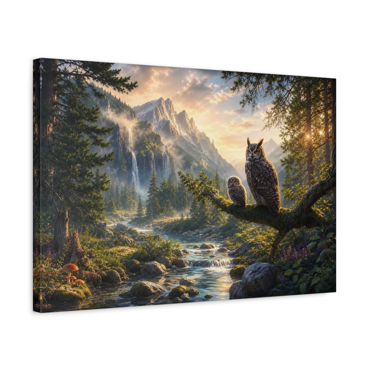 Side Mockup 3. Nature Owls Green Brown Gold shown as stretched canvas wall art