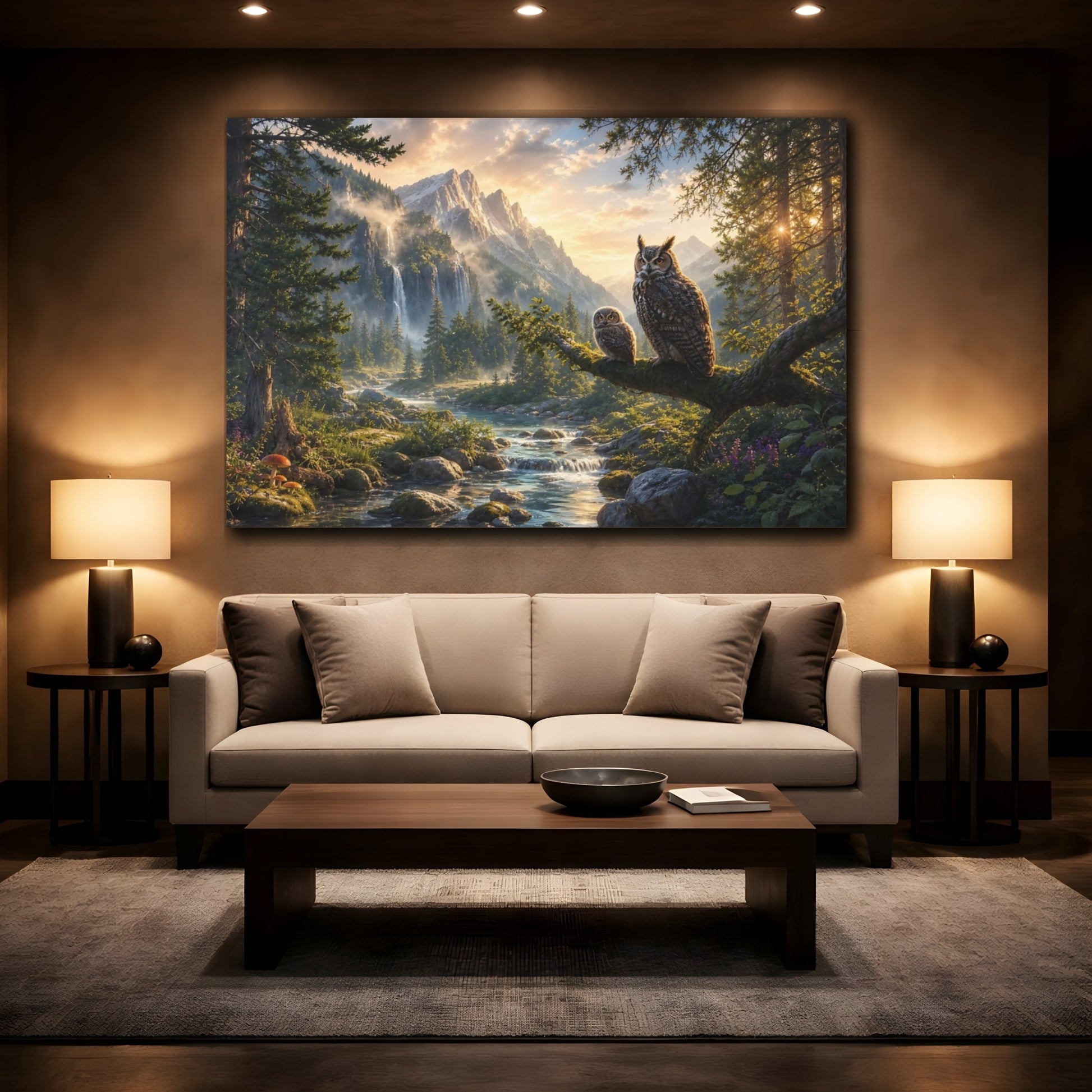 Mockup 2. Nature Owls Green Brown Gold shown as stretched canvas wall art