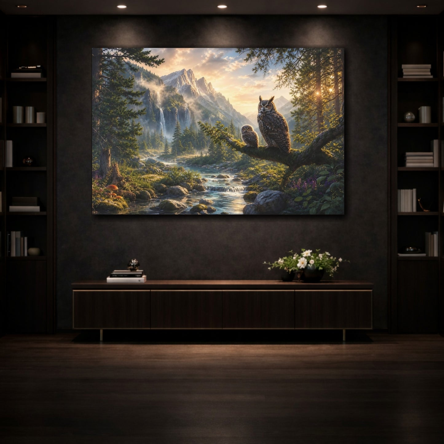 Mockup 3. Nature Owls Green Brown Gold shown as stretched canvas wall art