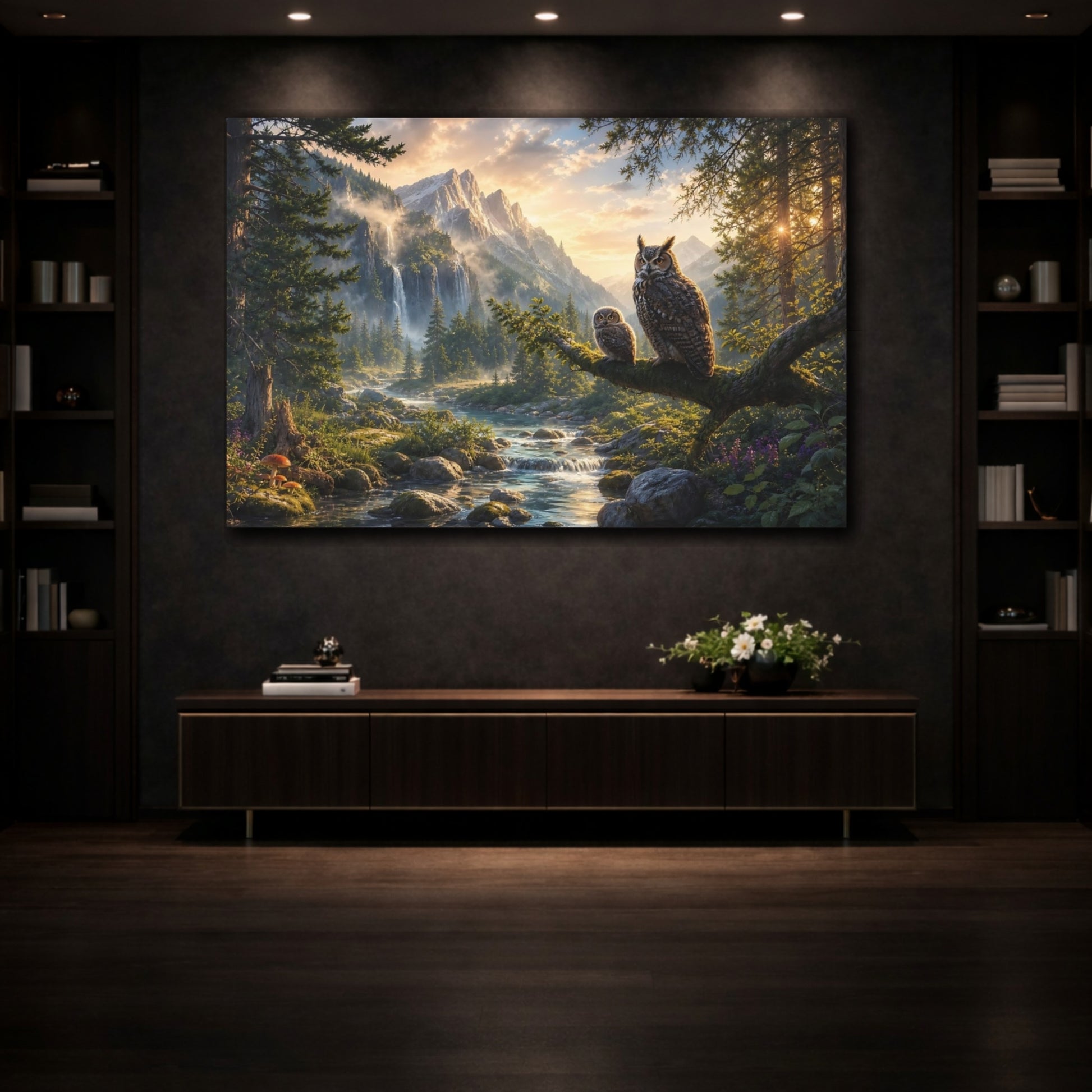Mockup 3. Nature Owls Green Brown Gold shown as stretched canvas wall art