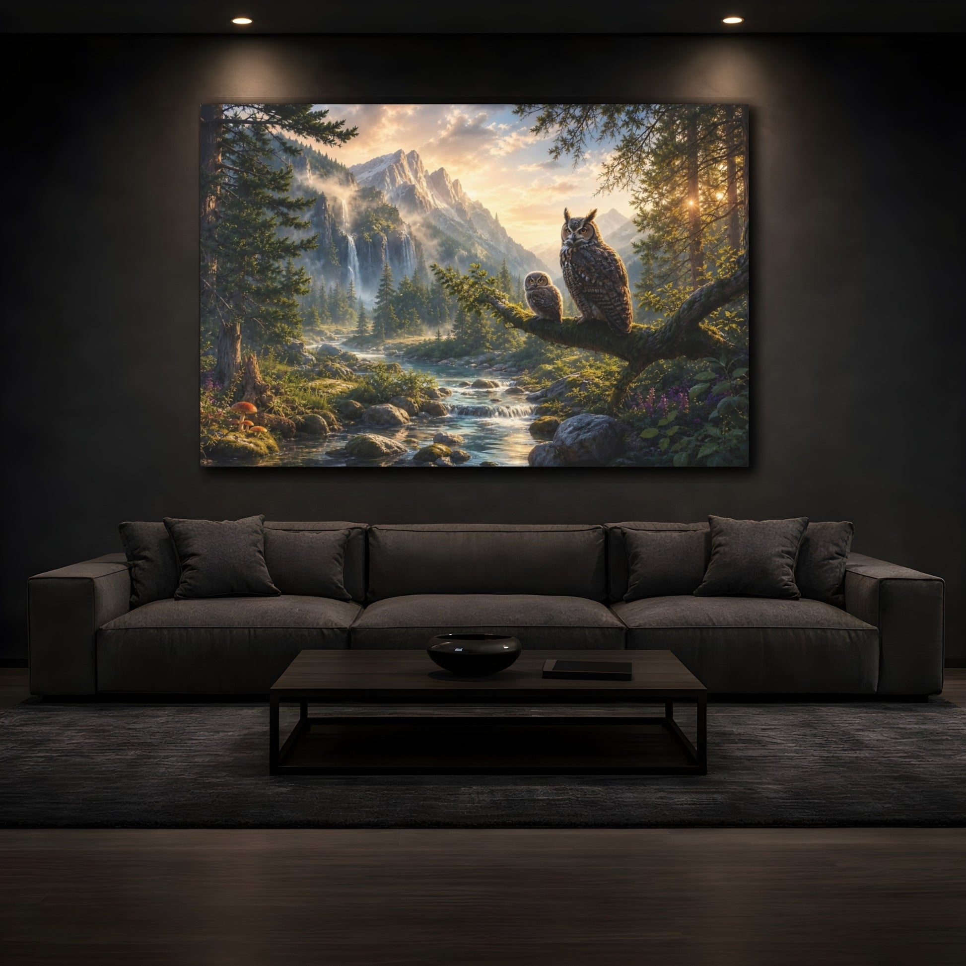 Mockup 4. Nature Owls Green Brown Gold shown as stretched canvas wall art