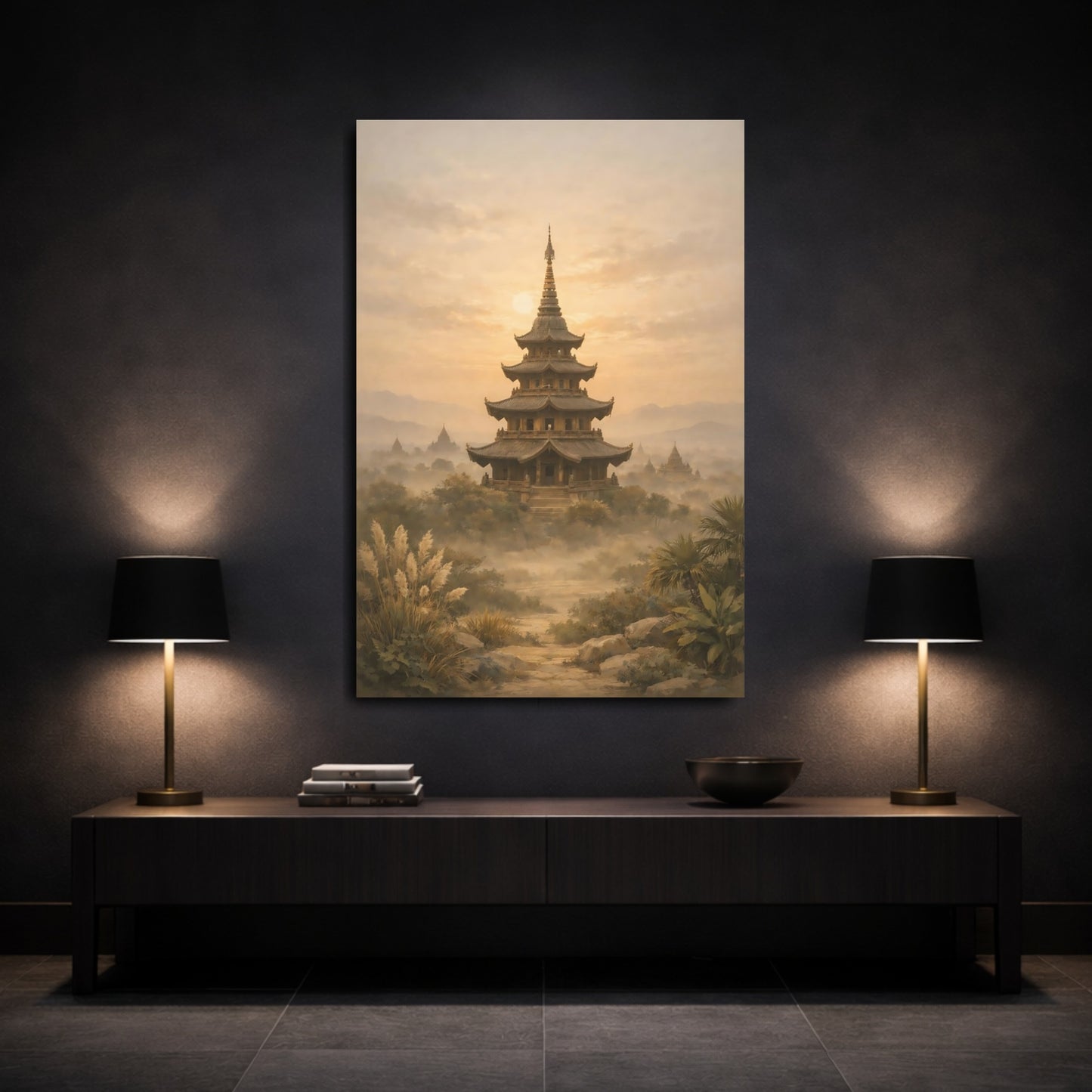 Mockup 2. Nature Pagoda Golden Pagoda shown as stretched canvas wall art