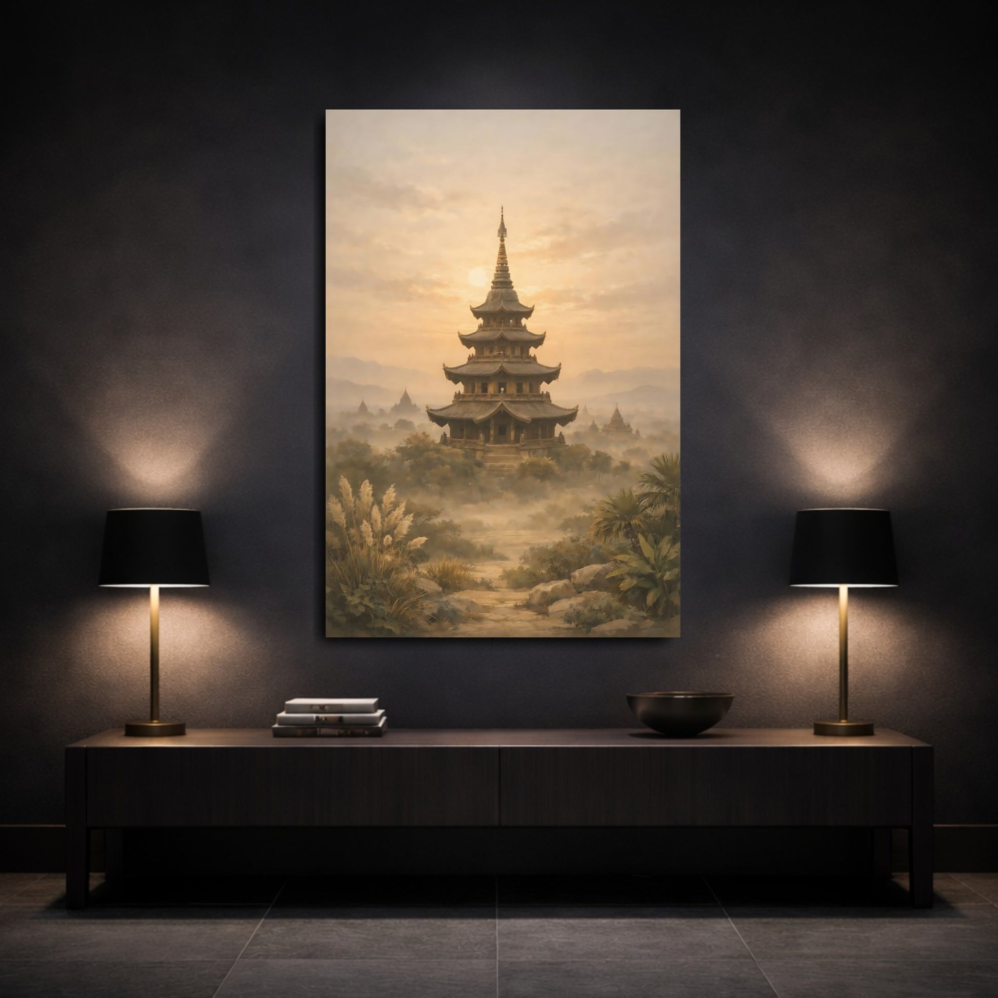 Mockup 2. Nature Pagoda Golden Pagoda shown as stretched canvas wall art