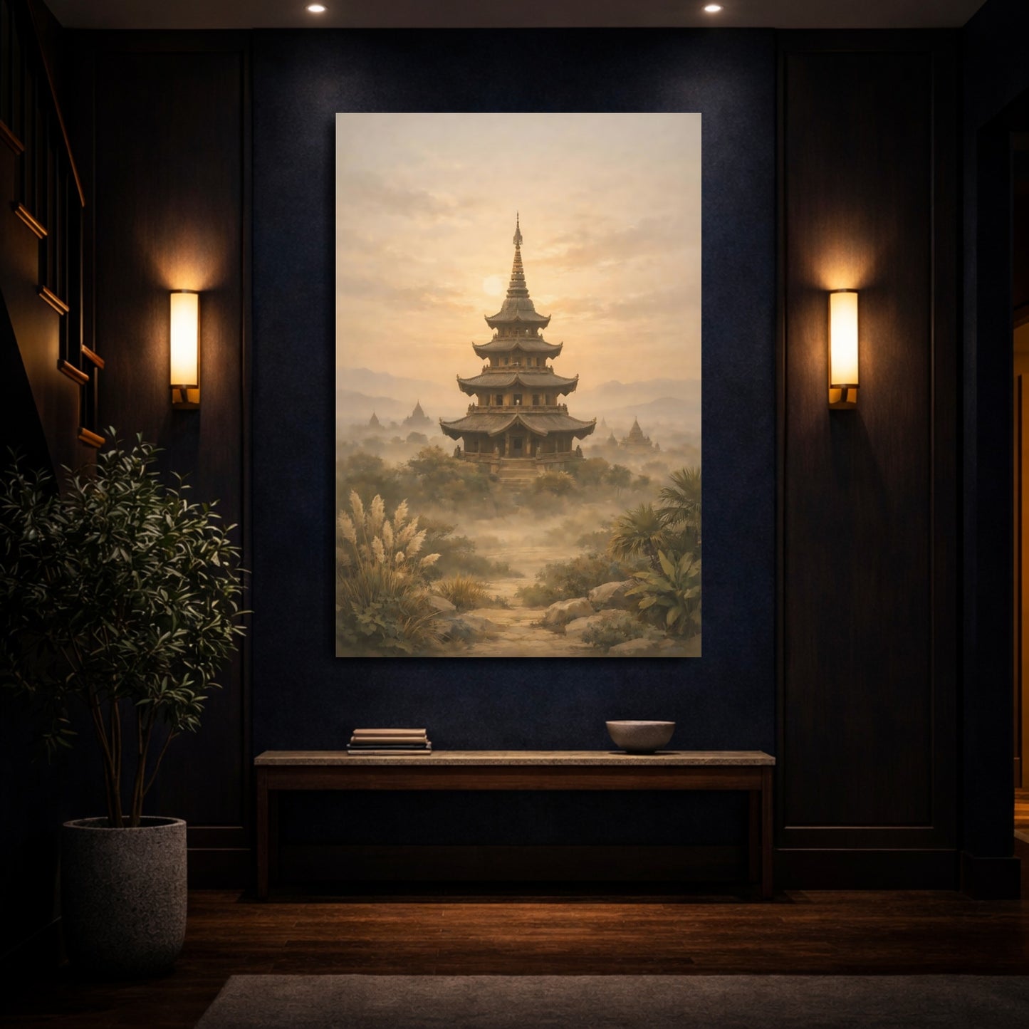 Mockup 3. Nature Pagoda Golden Pagoda shown as stretched canvas wall art