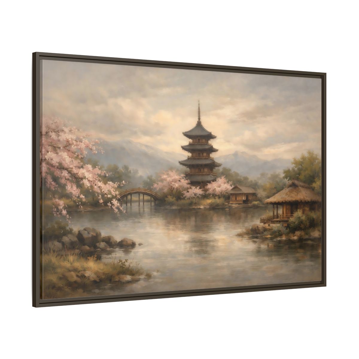 Main Mockup. Nature Pagoda Japanese Pagoda Pink shown as stretched canvas wall art