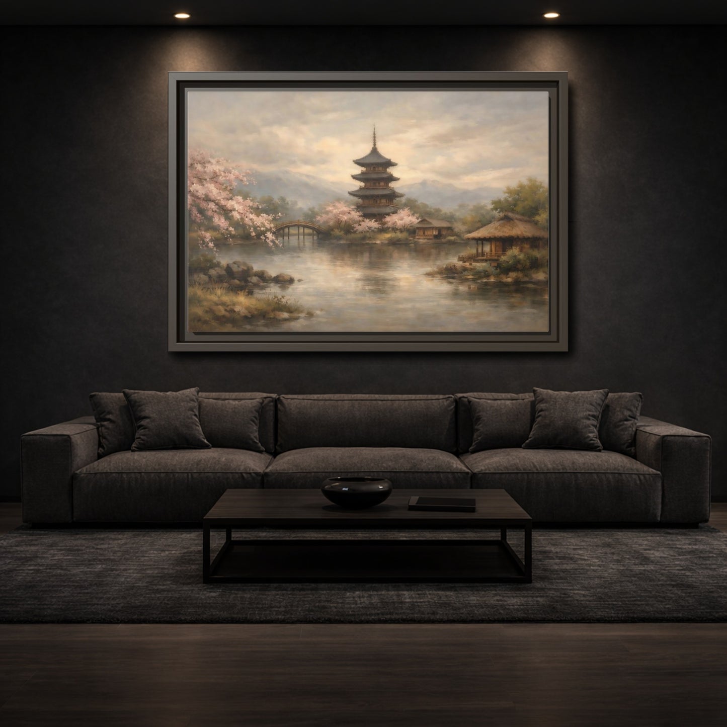 Mockup 2. Nature Pagoda Japanese Pagoda Pink shown as stretched canvas wall art
