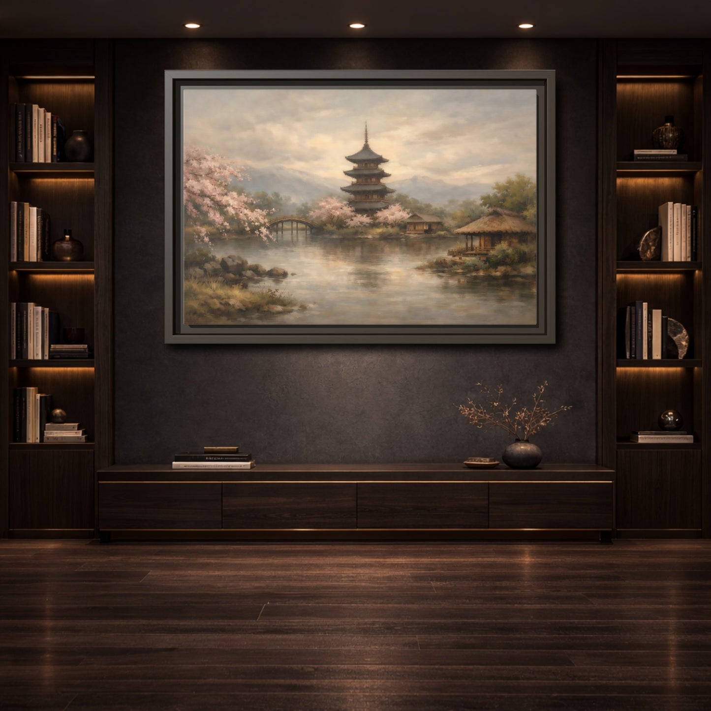 Mockup 3. Nature Pagoda Japanese Pagoda Pink shown as stretched canvas wall art