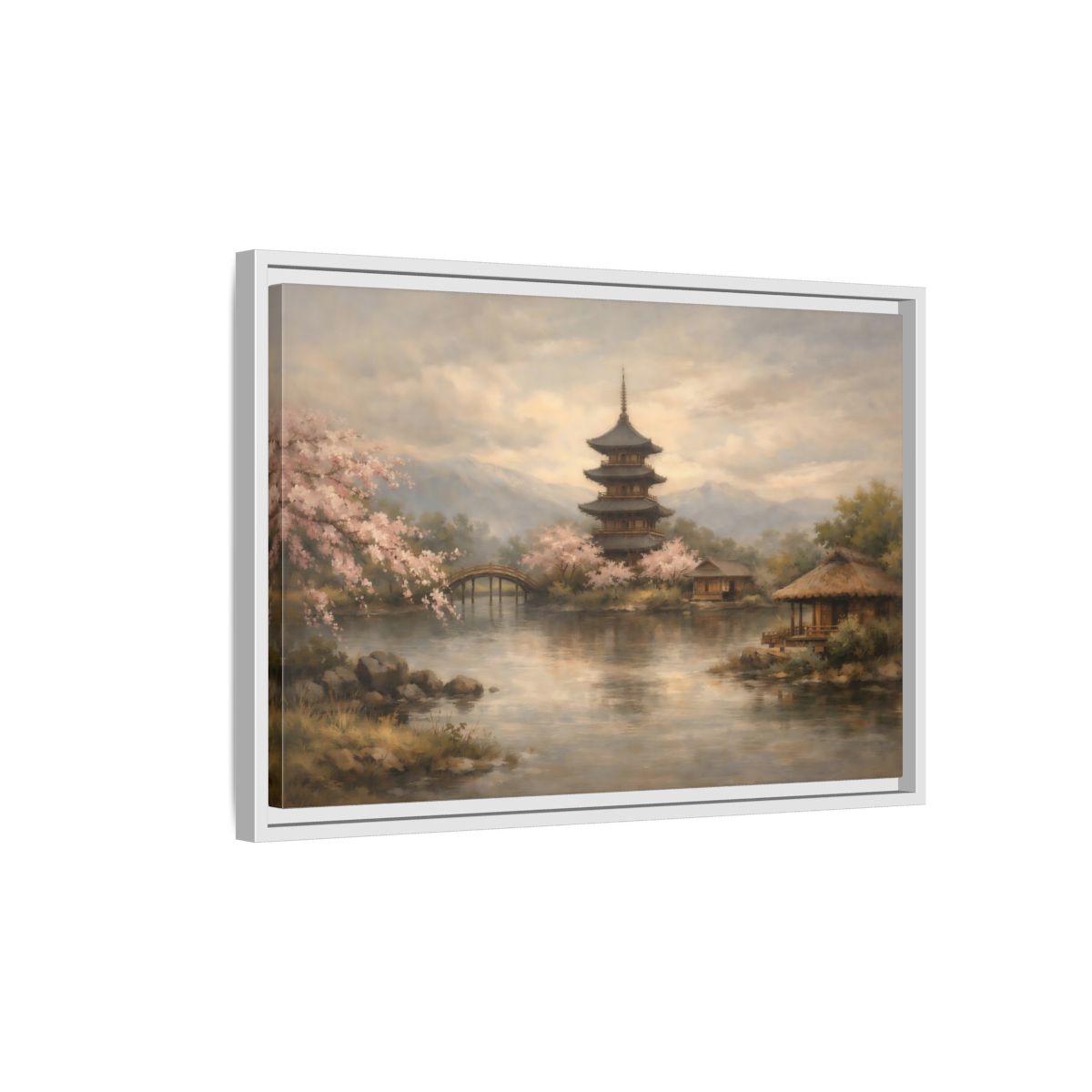 Side Mockup 1. Nature Pagoda Japanese Pagoda Pink shown as stretched canvas wall art