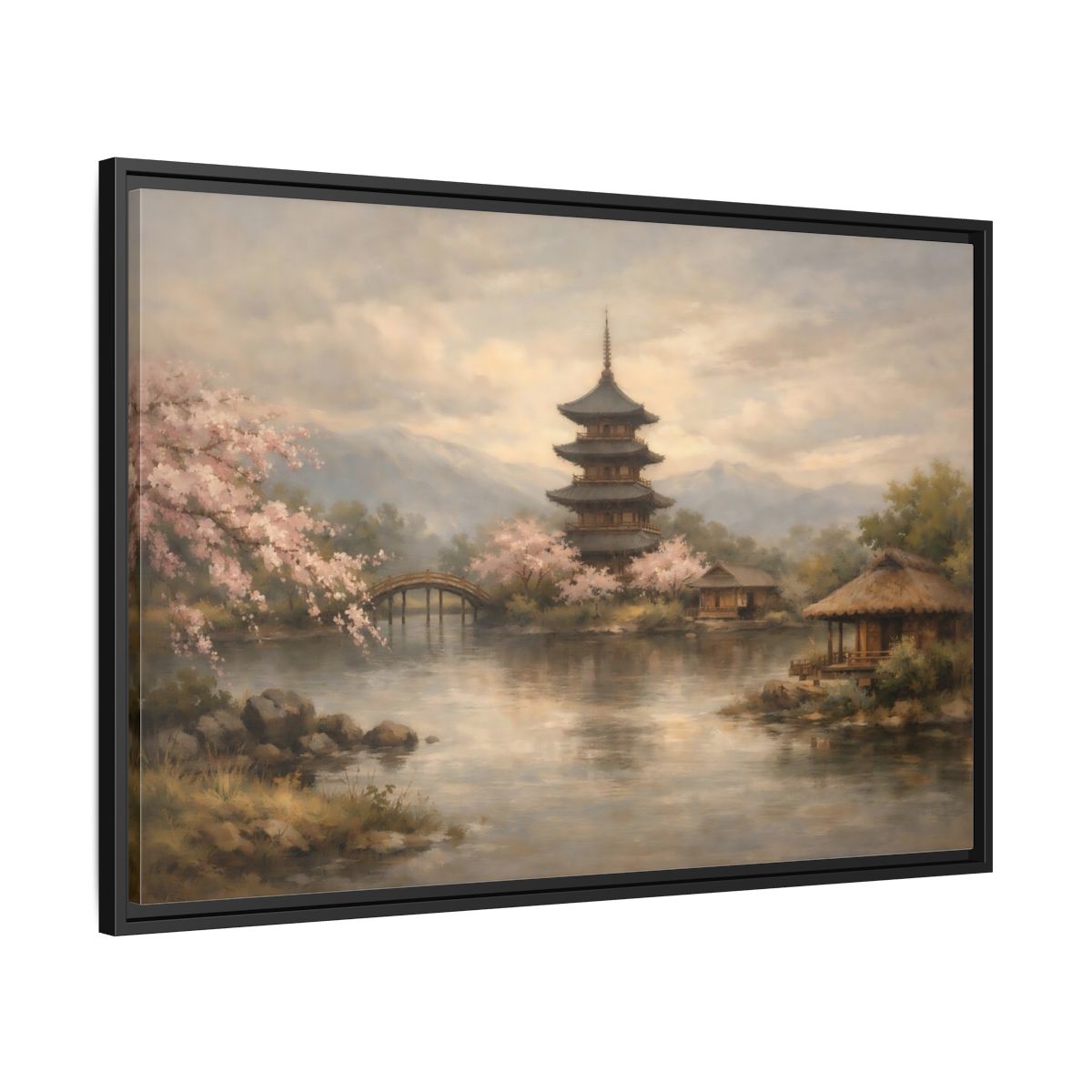 Side Mockup 13. Nature Pagoda Japanese Pagoda Pink shown as stretched canvas wall art