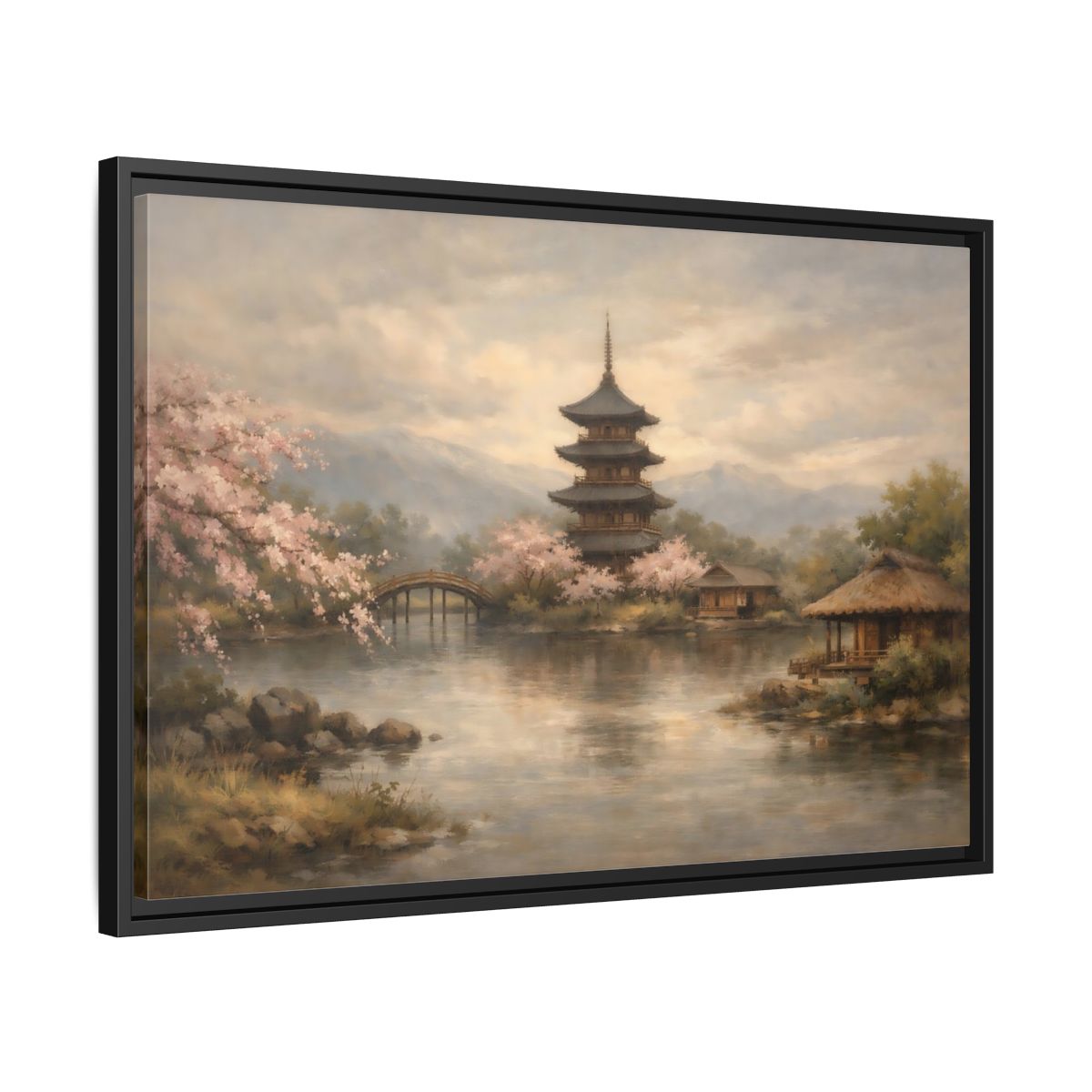 Side Mockup 14. Nature Pagoda Japanese Pagoda Pink shown as stretched canvas wall art