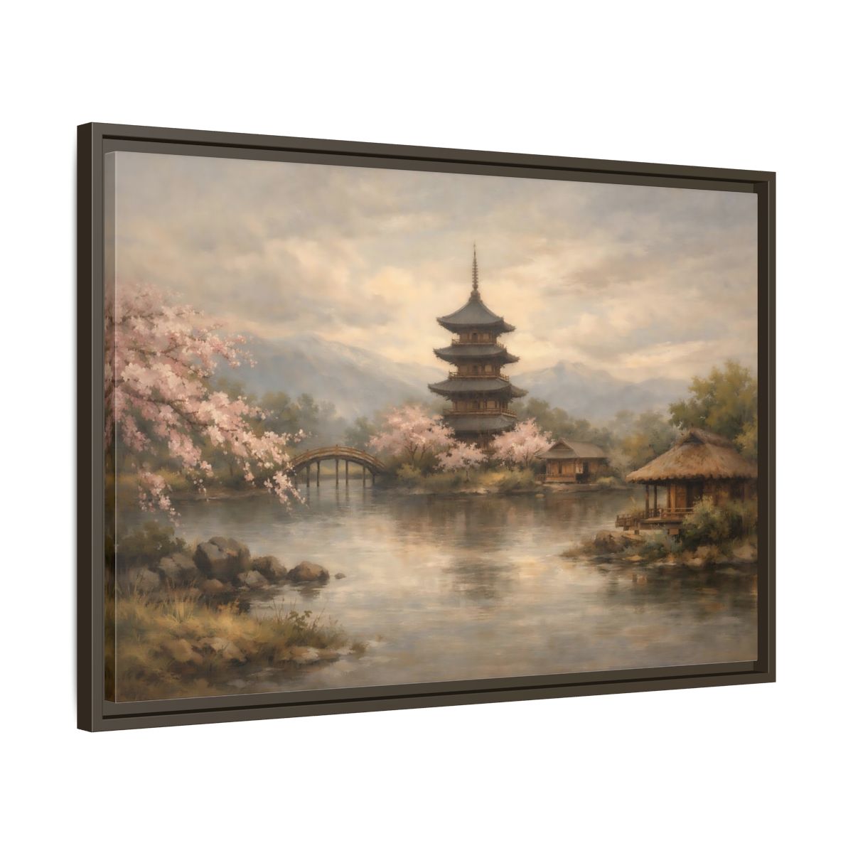 Side Mockup 11. Nature Pagoda Japanese Pagoda Pink shown as stretched canvas wall art
