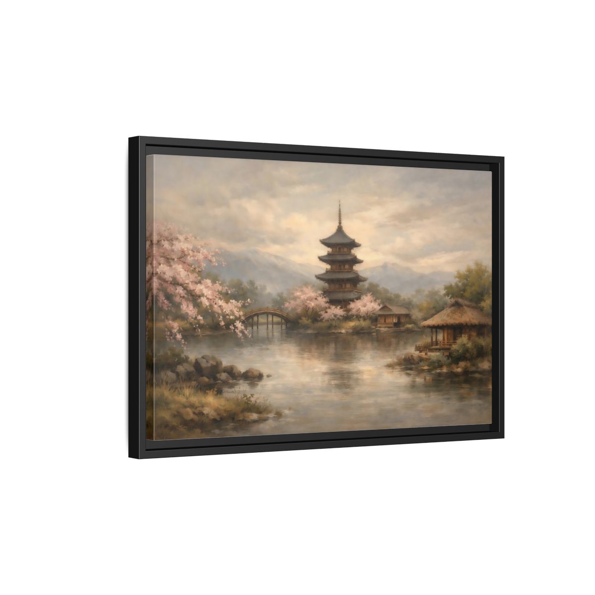 Side Mockup 3. Nature Pagoda Japanese Pagoda Pink shown as stretched canvas wall art