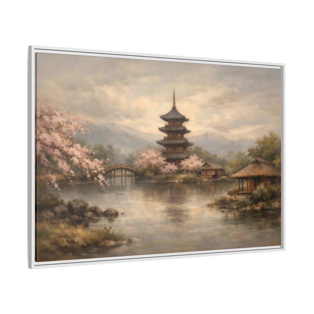 Side Mockup 7. Nature Pagoda Japanese Pagoda Pink shown as stretched canvas wall art