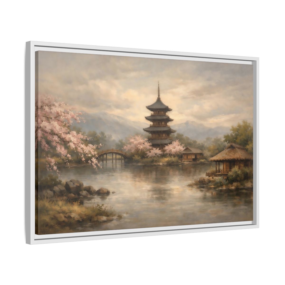 Side Mockup 10. Nature Pagoda Japanese Pagoda Pink shown as stretched canvas wall art