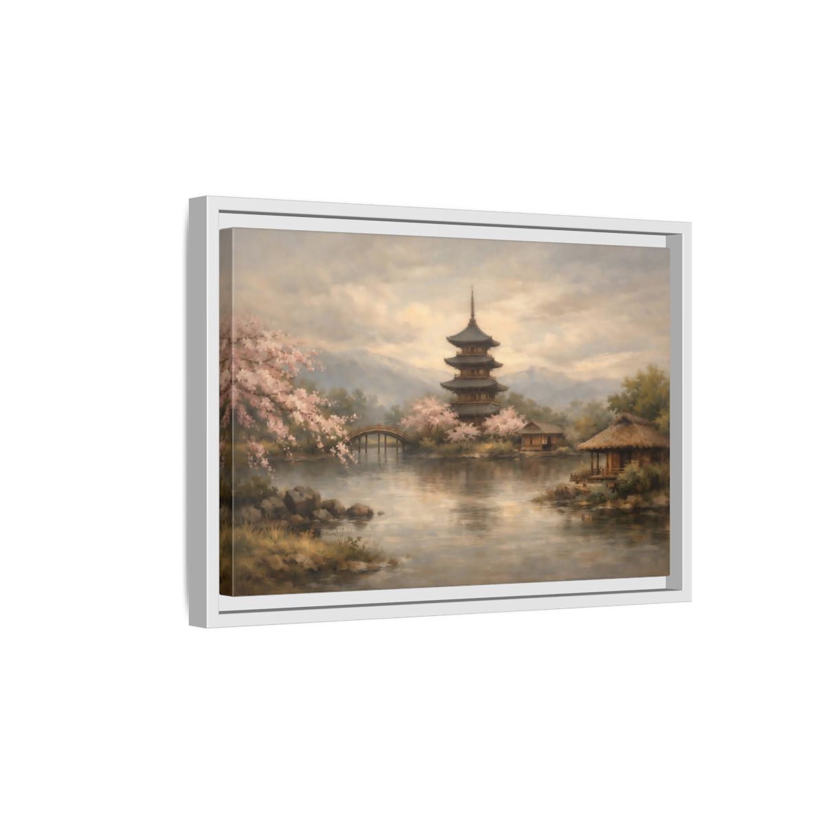 Side Mockup 4. Nature Pagoda Japanese Pagoda Pink shown as stretched canvas wall art