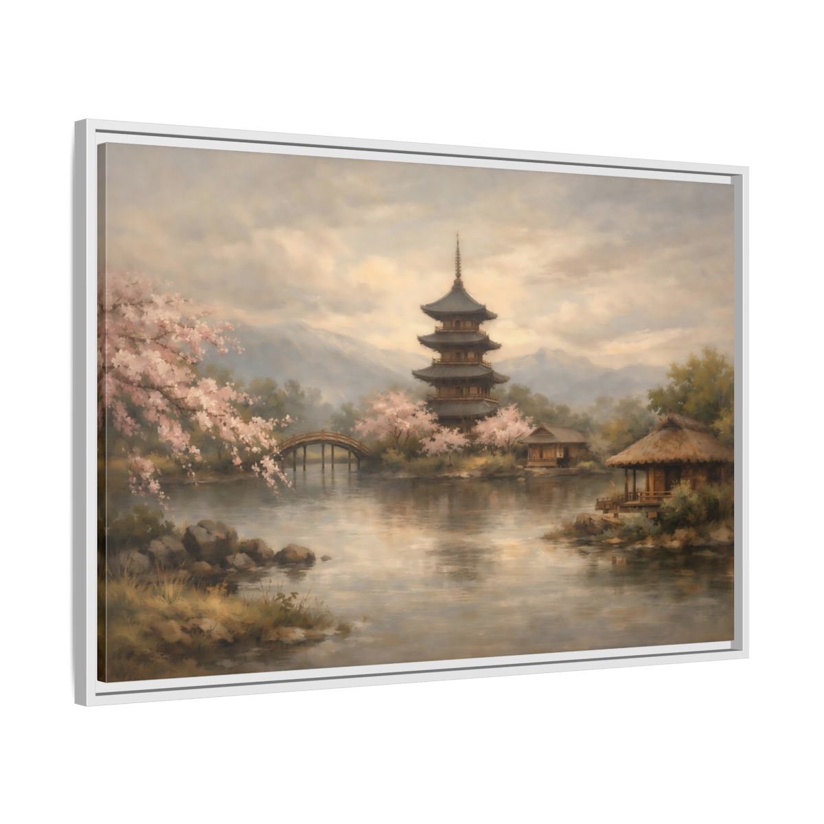Side Mockup 8. Nature Pagoda Japanese Pagoda Pink shown as stretched canvas wall art