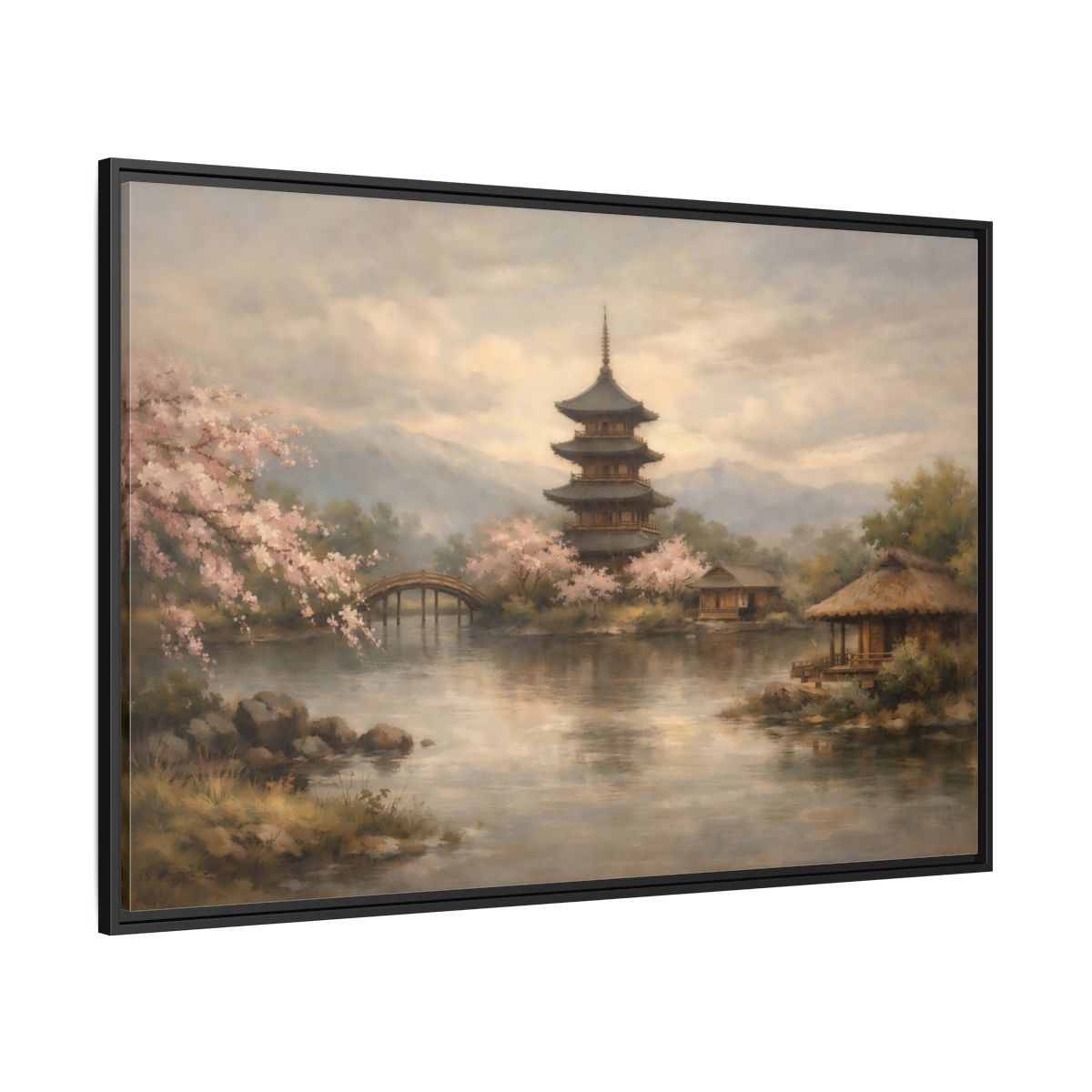 Side Mockup 12. Nature Pagoda Japanese Pagoda Pink shown as stretched canvas wall art