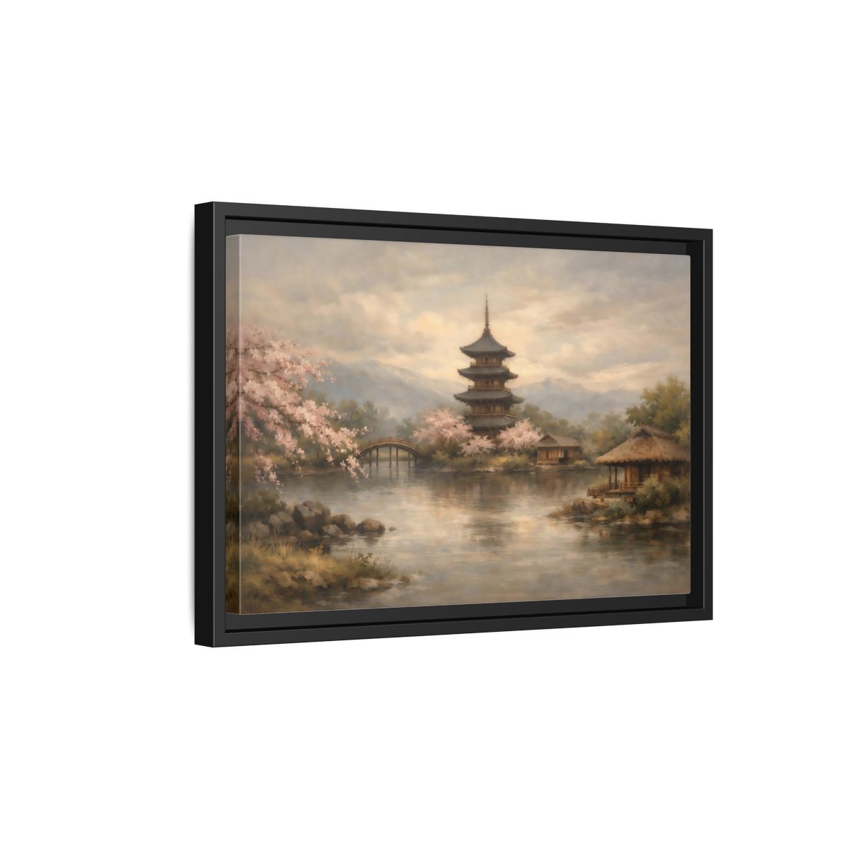 Side Mockup 6. Nature Pagoda Japanese Pagoda Pink shown as stretched canvas wall art