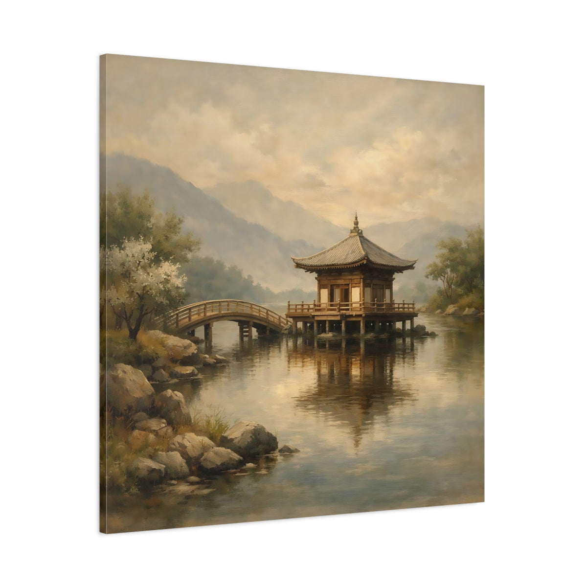 Main Mockup. Nature Pagoda Misty Asian Landscape shown as stretched canvas wall art