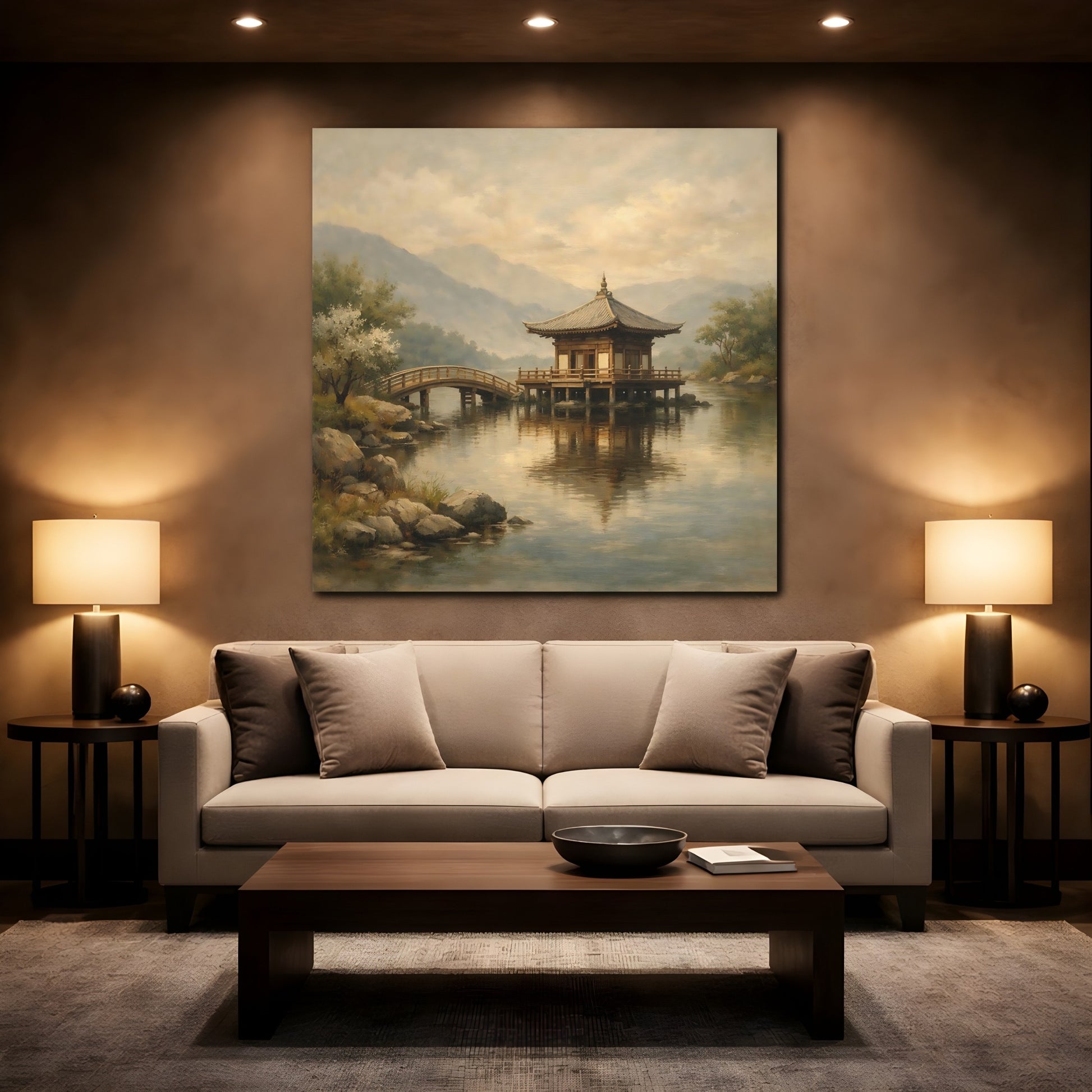 Mockup 2. Nature Pagoda Misty Asian Landscape shown as stretched canvas wall art