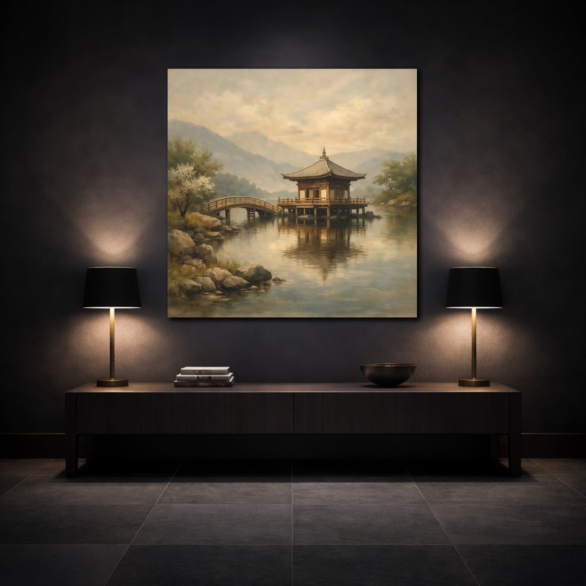 Mockup 3. Nature Pagoda Misty Asian Landscape shown as stretched canvas wall art