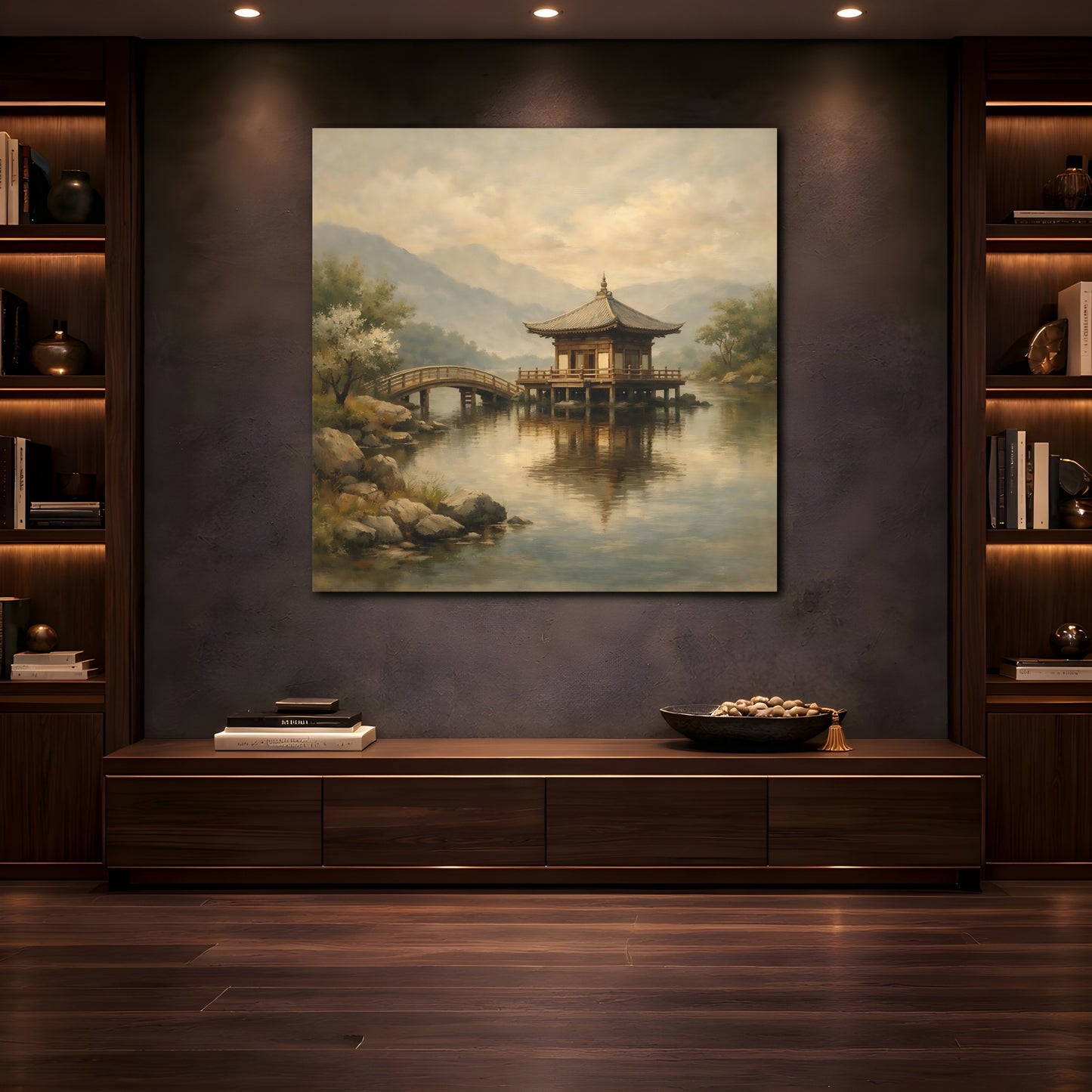 Mockup 4. Nature Pagoda Misty Asian Landscape shown as stretched canvas wall art