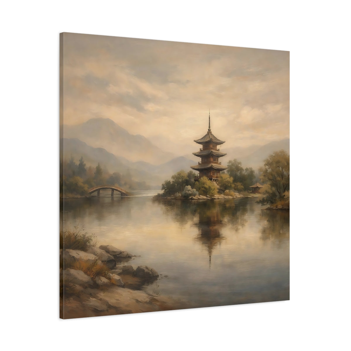 Main Mockup. Nature Pagoda Muted Asian Landscape shown as stretched canvas wall art