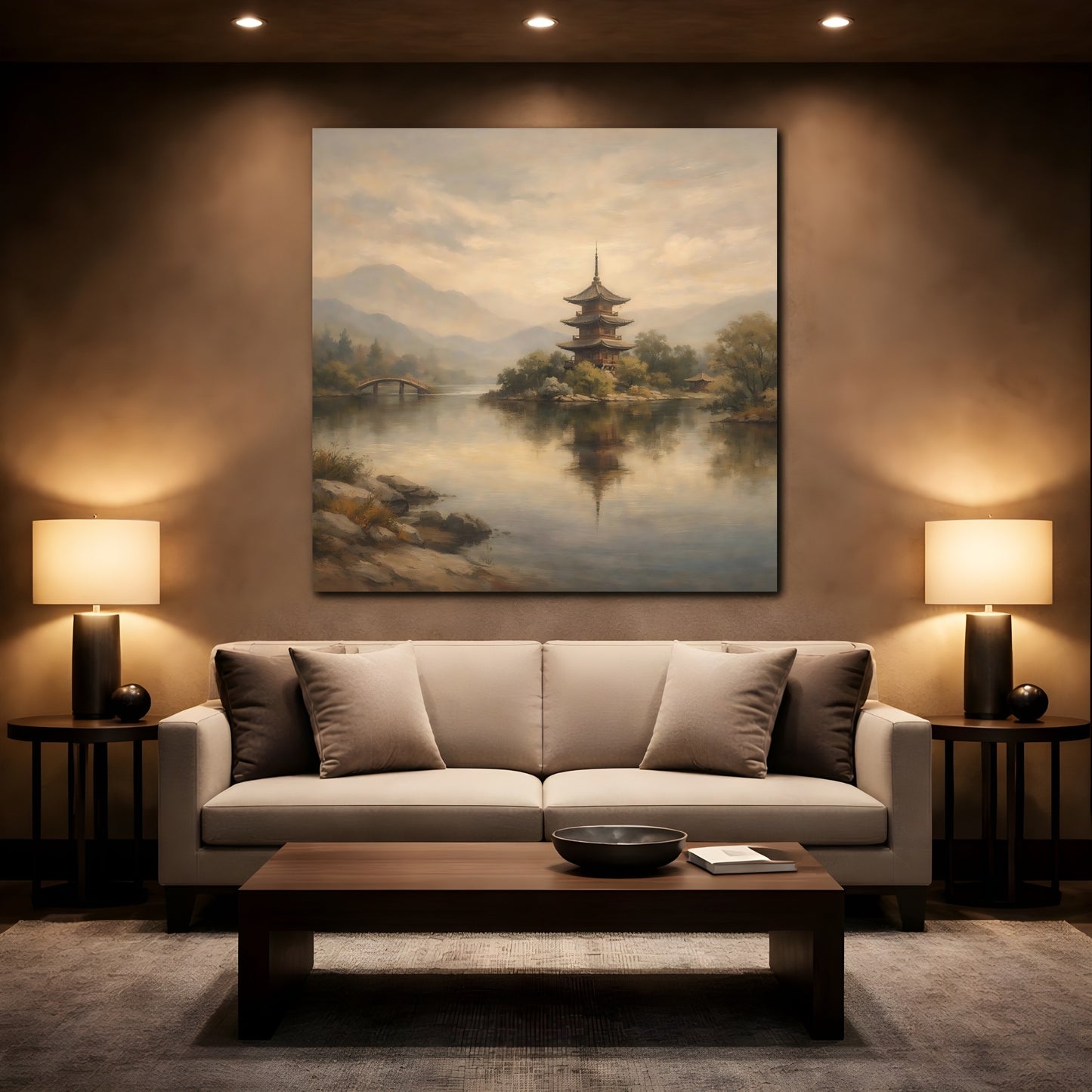 Mockup 2. Nature Pagoda Muted Asian Landscape shown as stretched canvas wall art