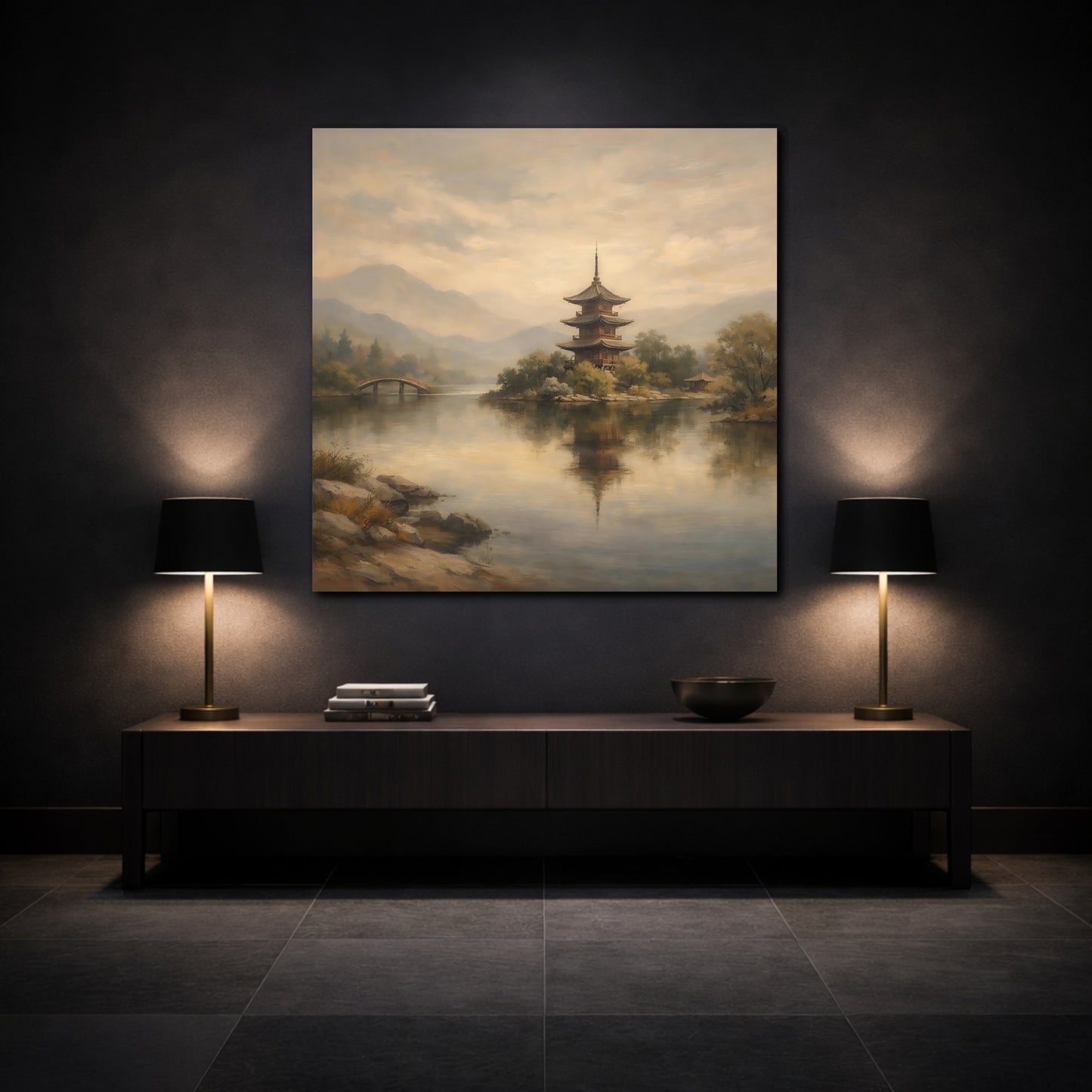 Mockup 3. Nature Pagoda Muted Asian Landscape shown as stretched canvas wall art