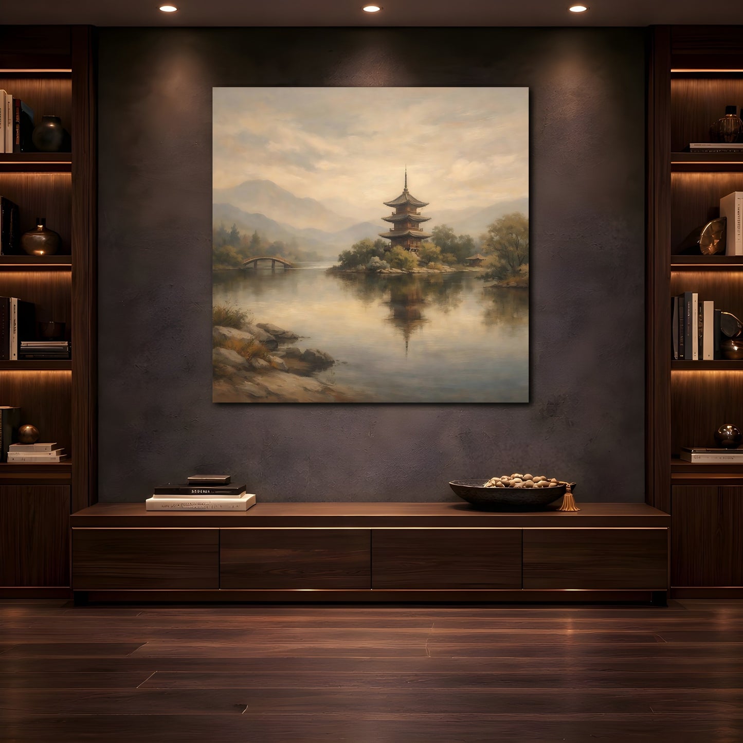 Mockup 4. Nature Pagoda Muted Asian Landscape shown as stretched canvas wall art