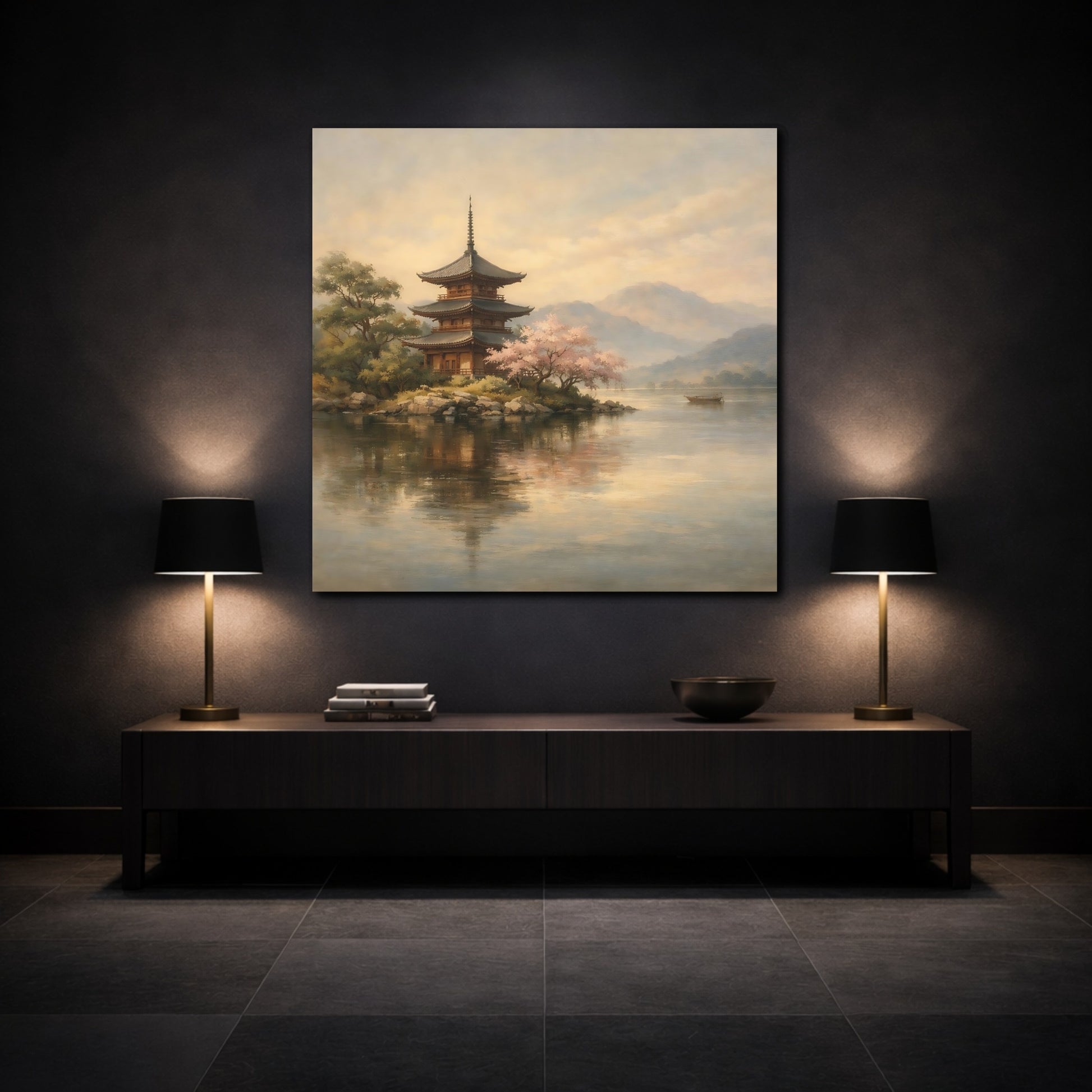 Mockup 3. Nature Pagoda Pagoda Landscape shown as stretched canvas wall art