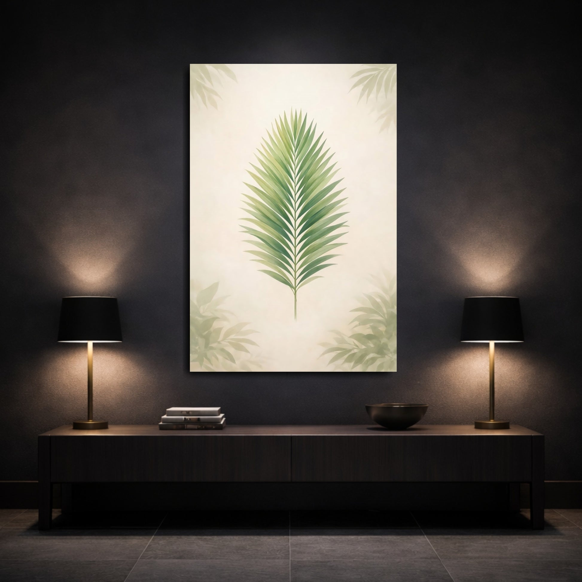 Nature Palm Leaf Green Palm Leaf shown as front canvas room wall art