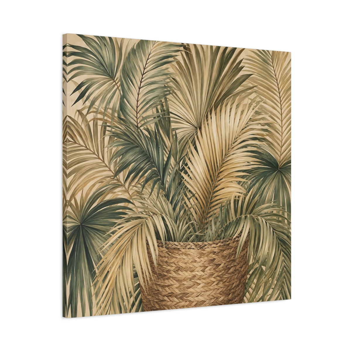 Main Mockup. Nature Palm Leaves Green And Brown shown as stretched canvas wall art
