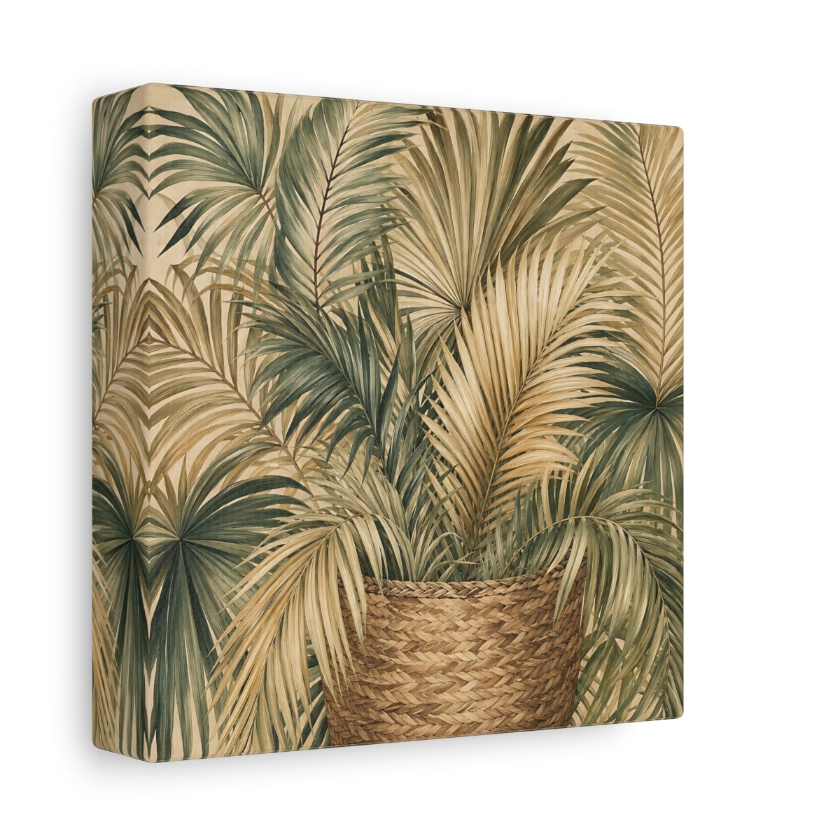 Side Mockup 2. Nature Palm Leaves Green And Brown shown as stretched canvas wall art