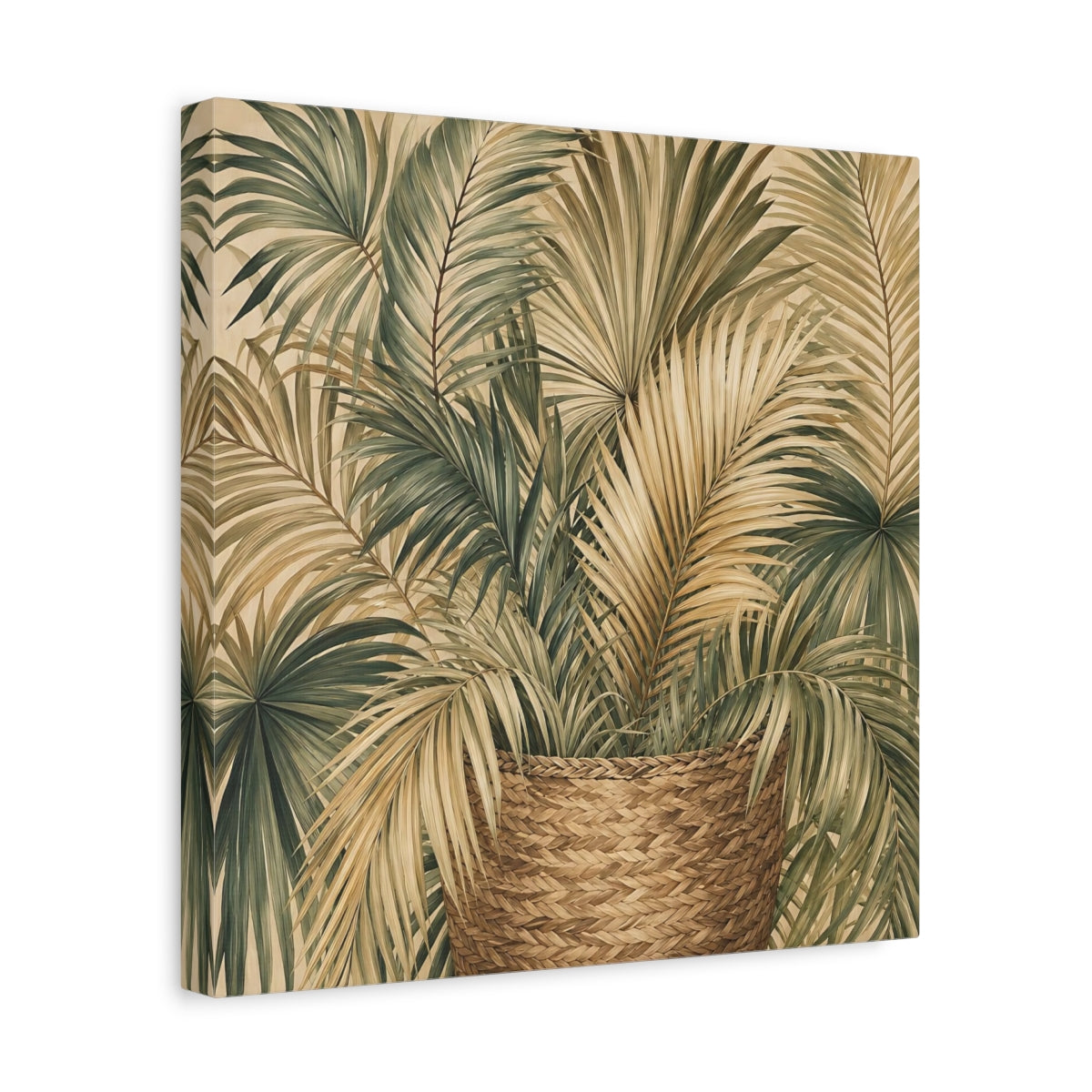 Side Mockup 7. Nature Palm Leaves Green And Brown shown as stretched canvas wall art