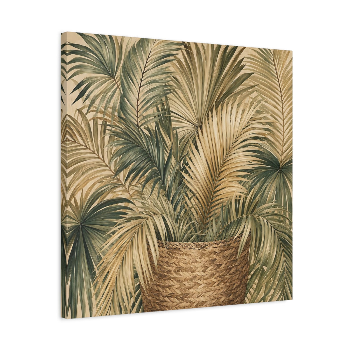 Side Mockup 4. Nature Palm Leaves Green And Brown shown as stretched canvas wall art