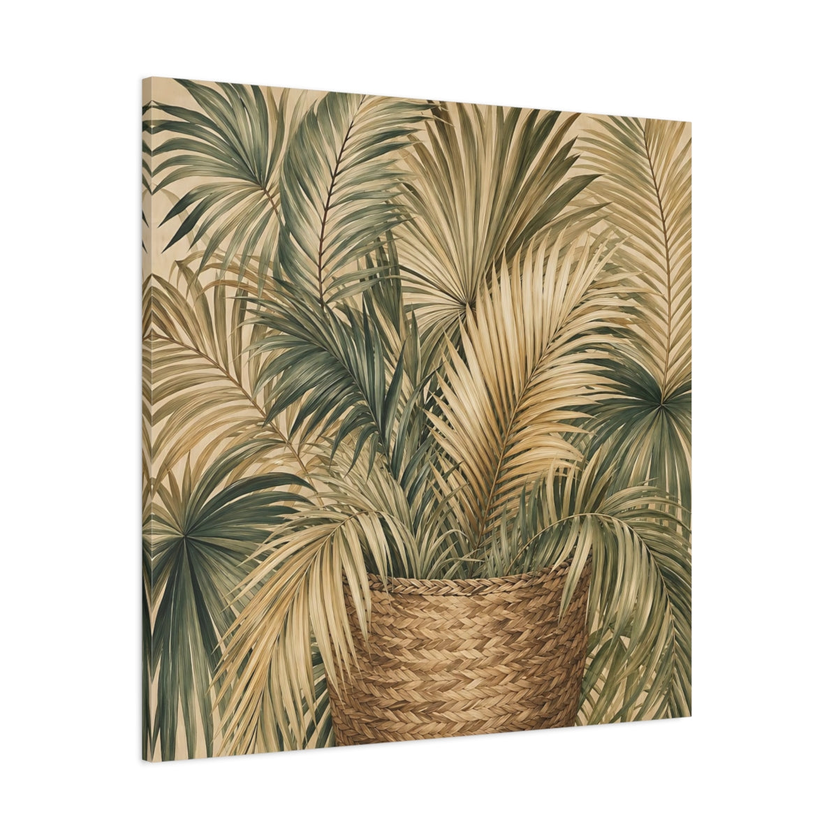Side Mockup 1. Nature Palm Leaves Green And Brown shown as stretched canvas wall art