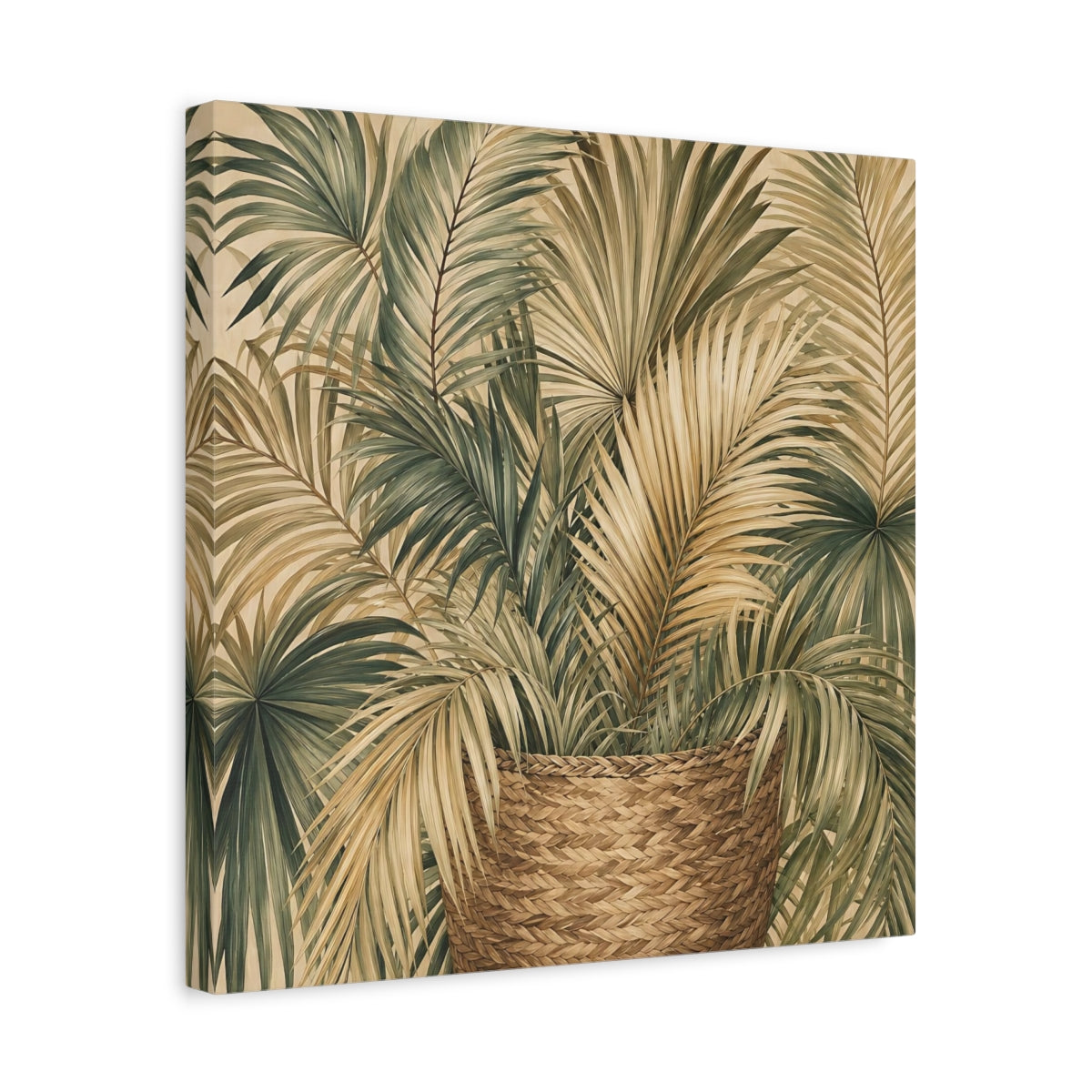 Side Mockup 6. Nature Palm Leaves Green And Brown shown as stretched canvas wall art