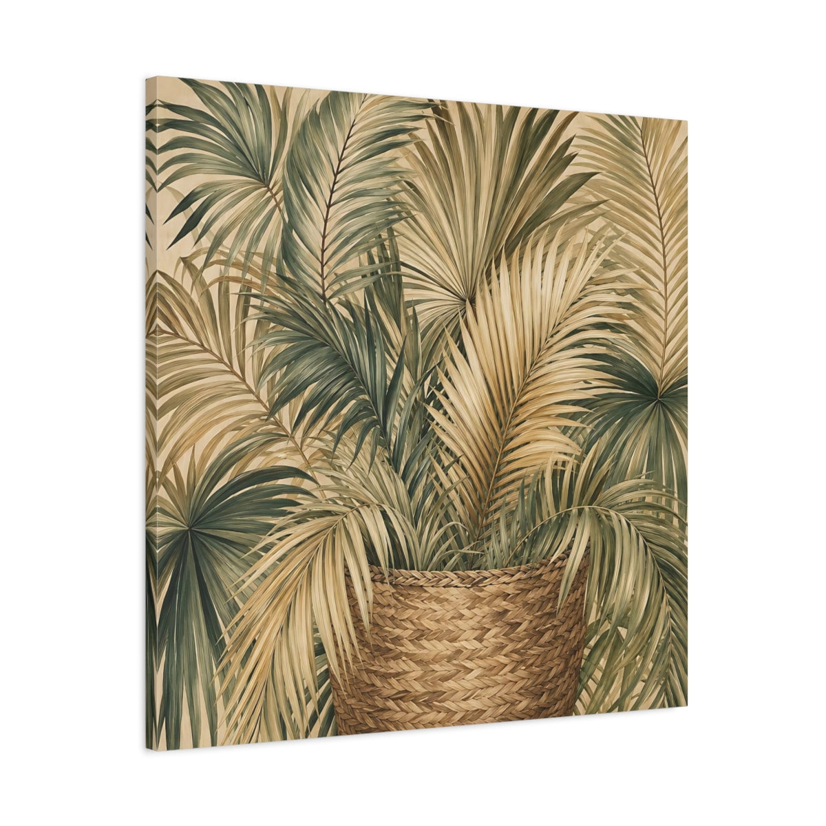 Side Mockup 3. Nature Palm Leaves Green And Brown shown as stretched canvas wall art