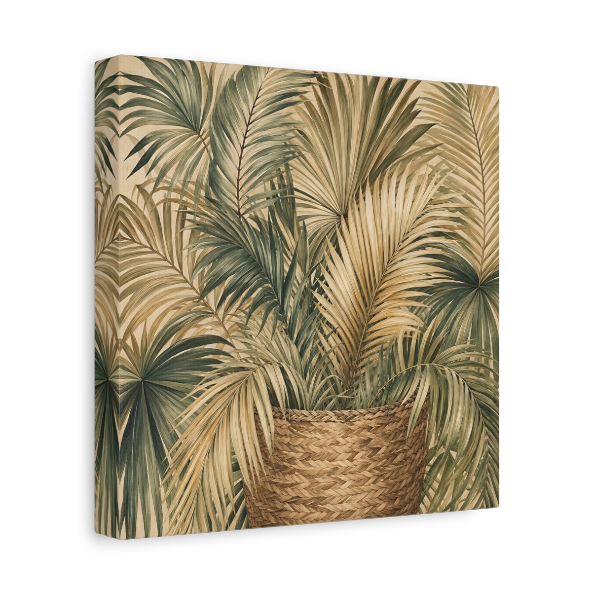 Side Mockup 9. Nature Palm Leaves Green And Brown shown as stretched canvas wall art