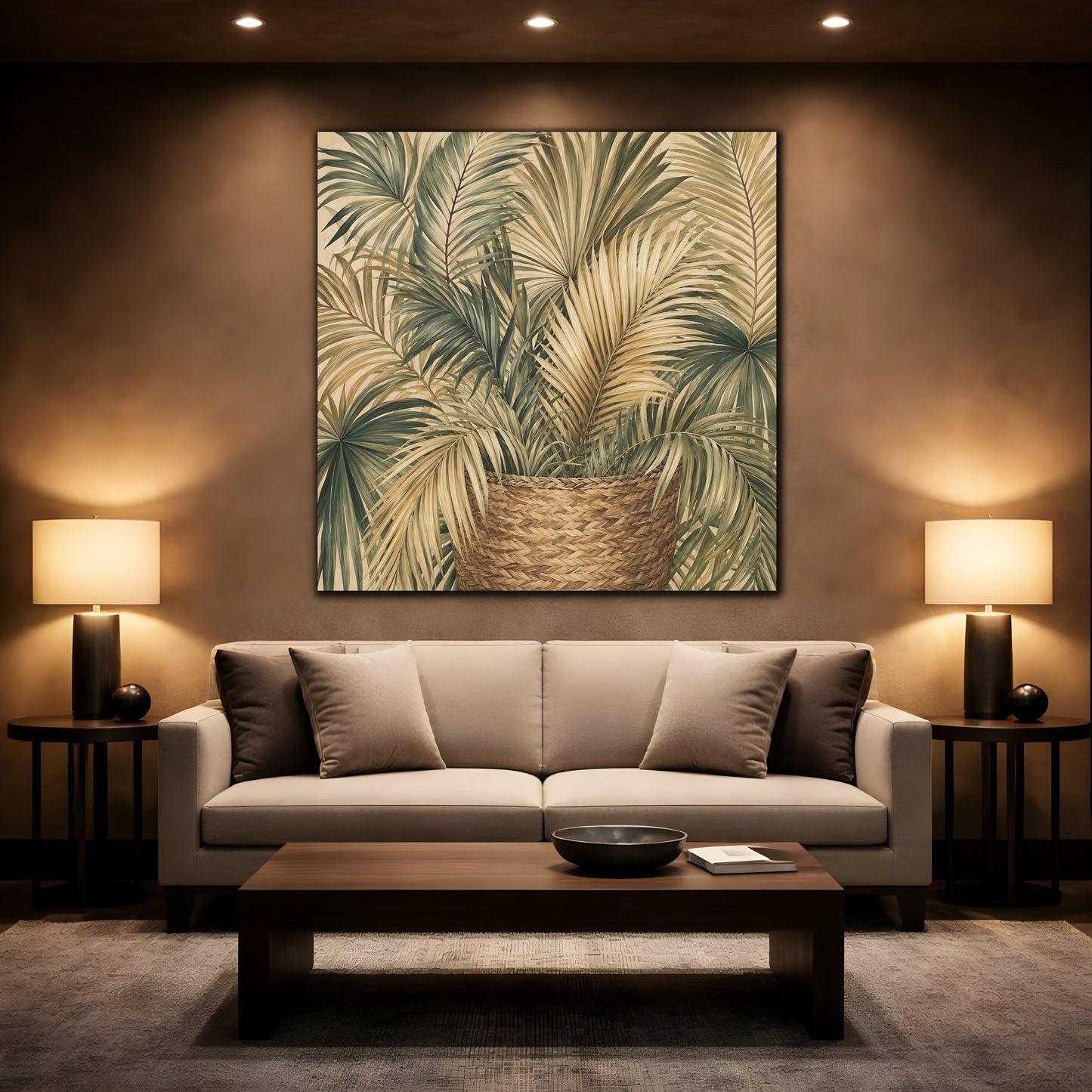 Mockup 2. Nature Palm Leaves Green And Brown shown as stretched canvas wall art