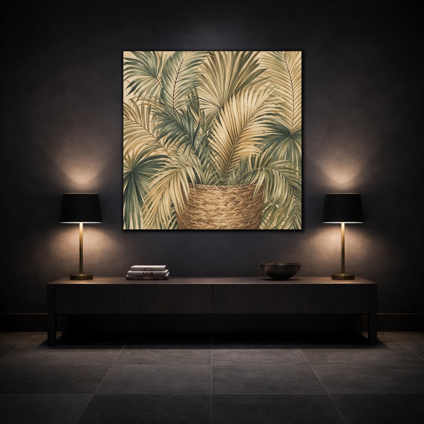 Mockup 3. Nature Palm Leaves Green And Brown shown as stretched canvas wall art