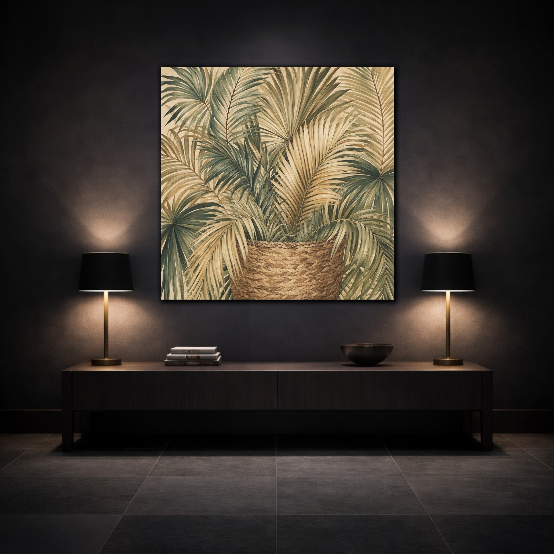Mockup 3. Nature Palm Leaves Green And Brown shown as stretched canvas wall art