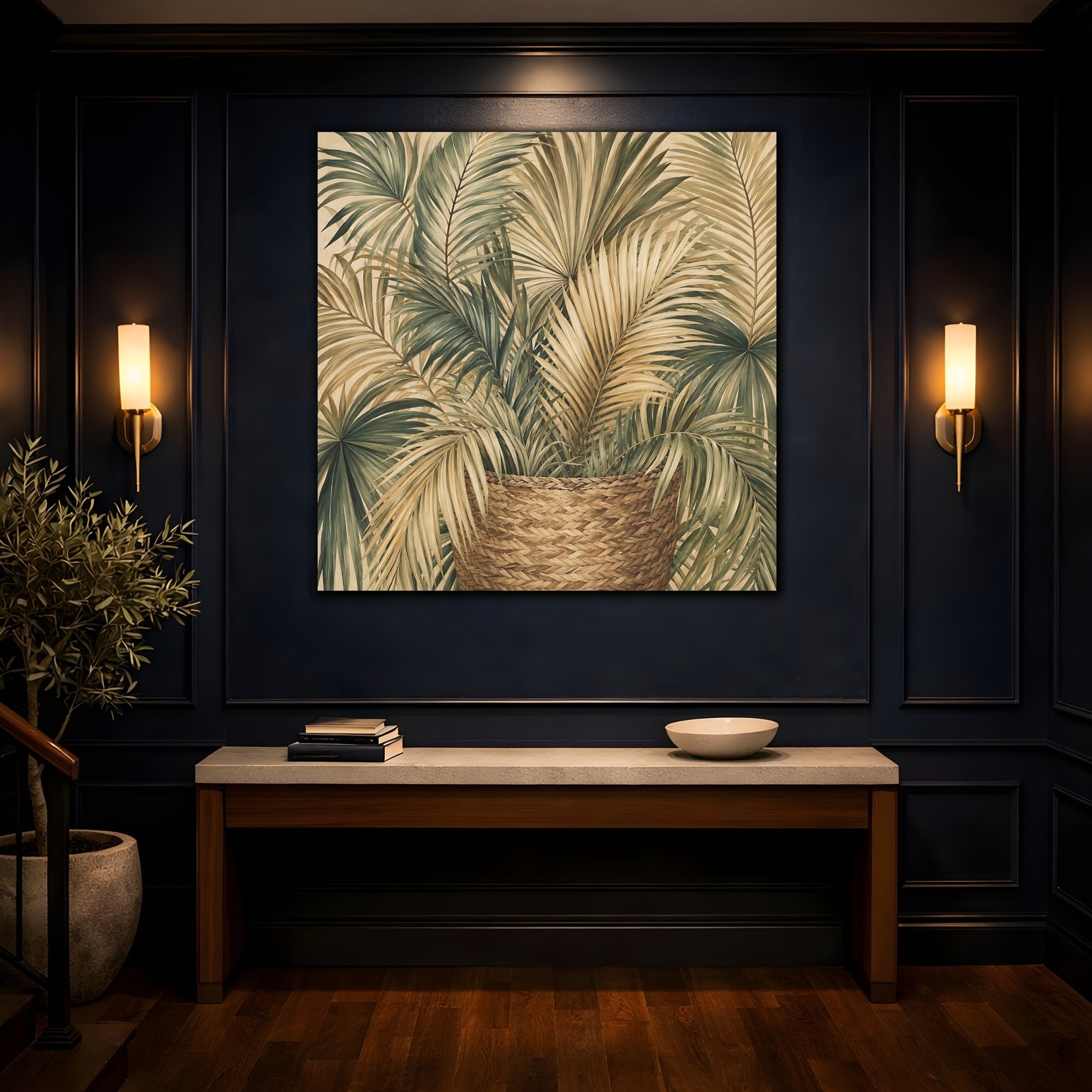 Mockup 4. Nature Palm Leaves Green And Brown shown as stretched canvas wall art