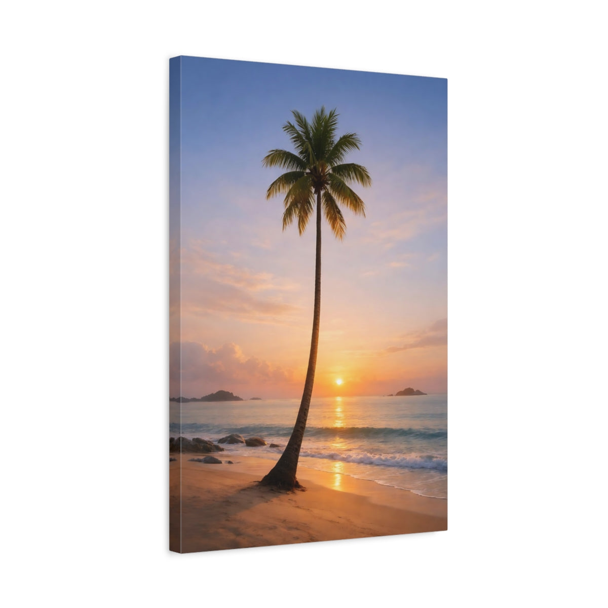 Side Mockup 3. Nature Palm Tree Orange And Blue shown as stretched canvas wall art