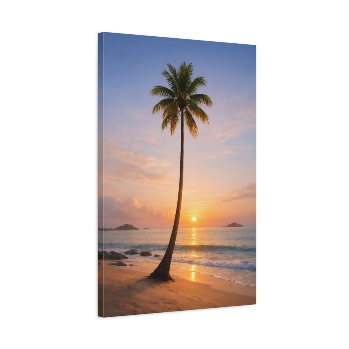 Side Mockup 2. Nature Palm Tree Orange And Blue shown as stretched canvas wall art